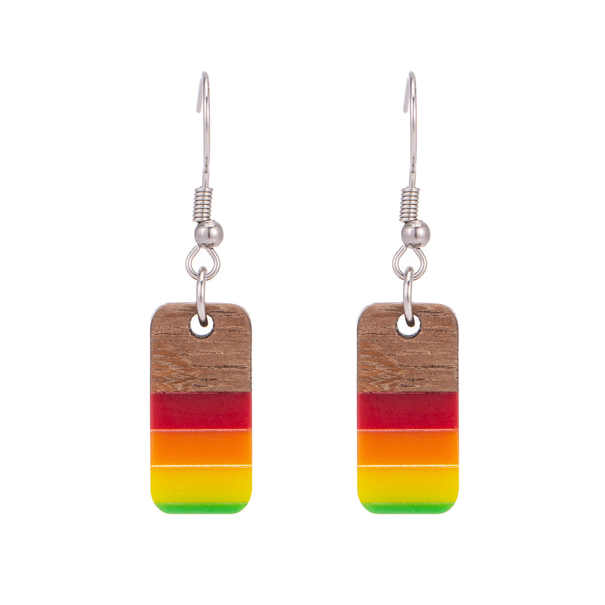 Multi-Colored Resin & Wood Silvertone Stripped Rectangle Hook Earrings - Street Region