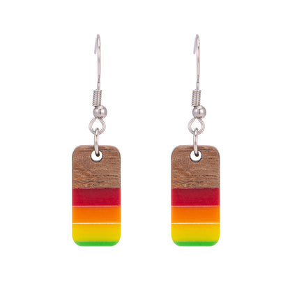 Multi-Colored Resin & Wood Silvertone Stripped Rectangle Hook Earrings - Street Region