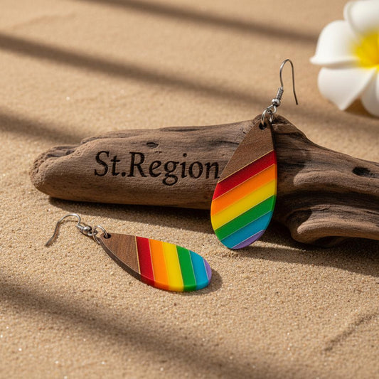 Multi-Colored Resin & Wood Silvertone Stripped Drop Hook Earrings