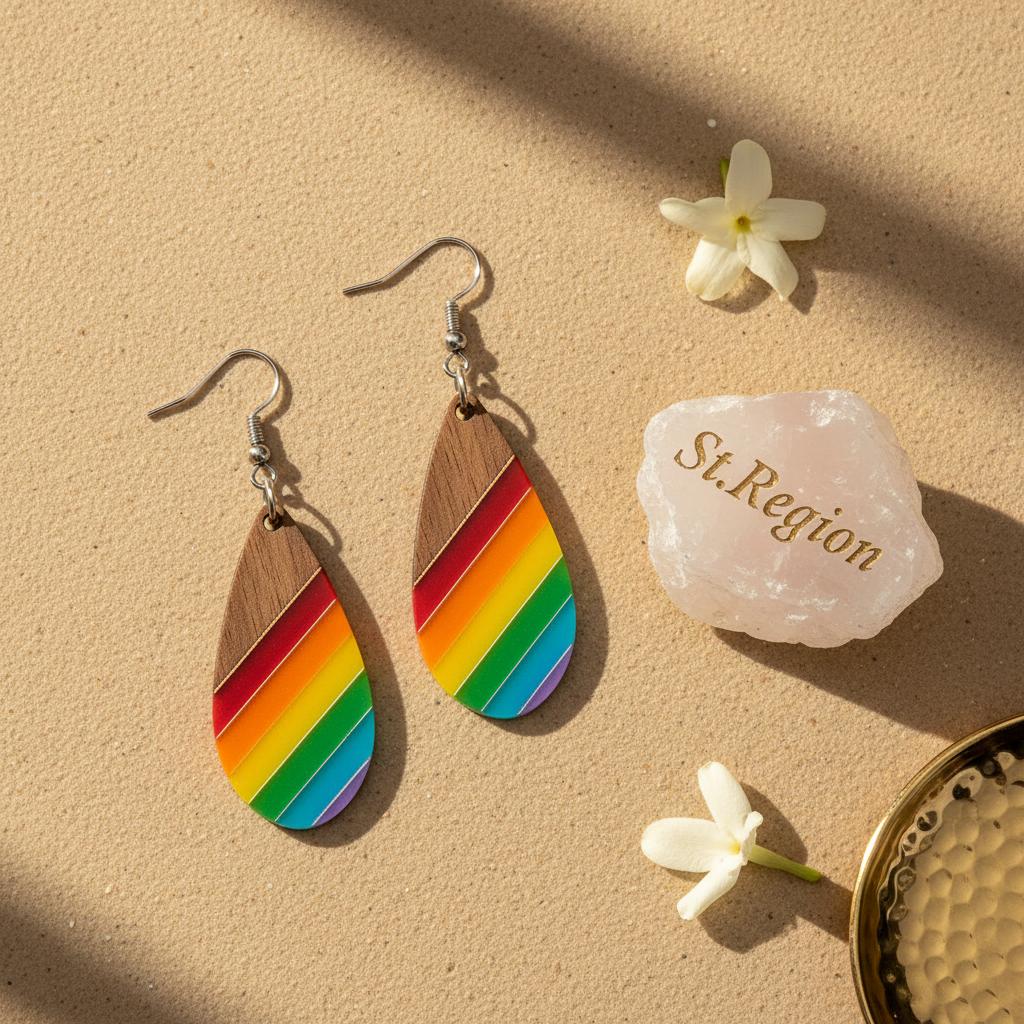 Multi-Colored Resin and Wood Silvertone Stripped Drop Hook Earrings, gold drop earrings for women, detail close-up