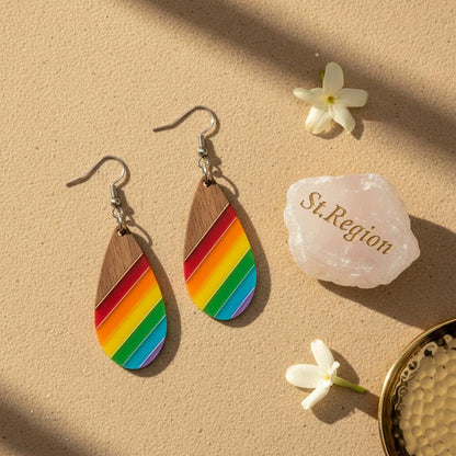 Multi-Colored Resin and Wood Silvertone Stripped Drop Hook Earrings, gold drop earrings for women, detail close-up