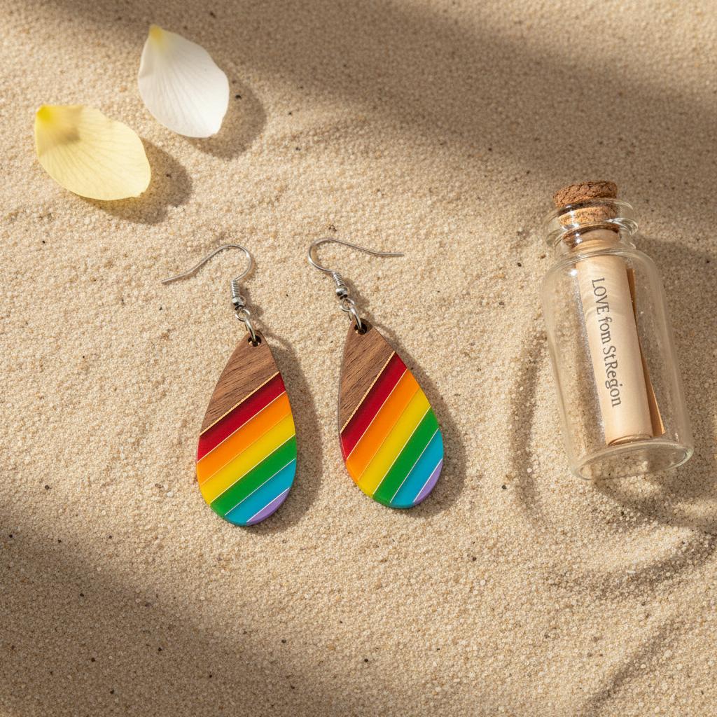 Multi-Colored Resin and Wood Silvertone Stripped Drop Hook Earrings, gold drop earrings for women, lifestyle look