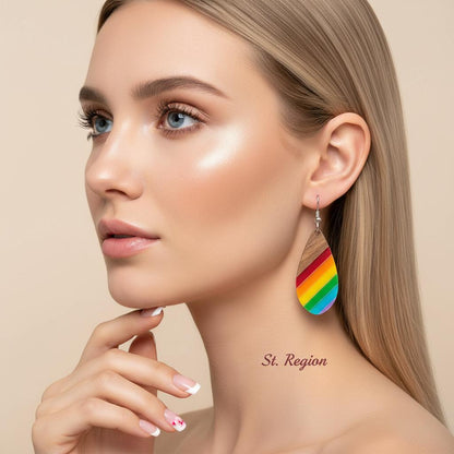Multi-Colored Resin and Wood Silvertone Stripped Drop Hook Earrings, gold drop earrings for women, styled look
