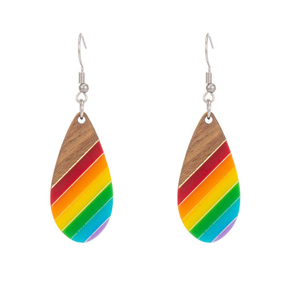 Multi-Colored Resin & Wood Silvertone Stripped Drop Hook Earrings - Street Region