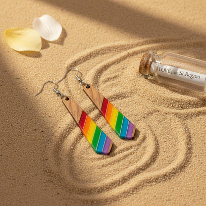 Multi-Colored Resin and Wood Silvertone Stripped Rhombus Hook Earrings, silver drop earrings for women, lifestyle look