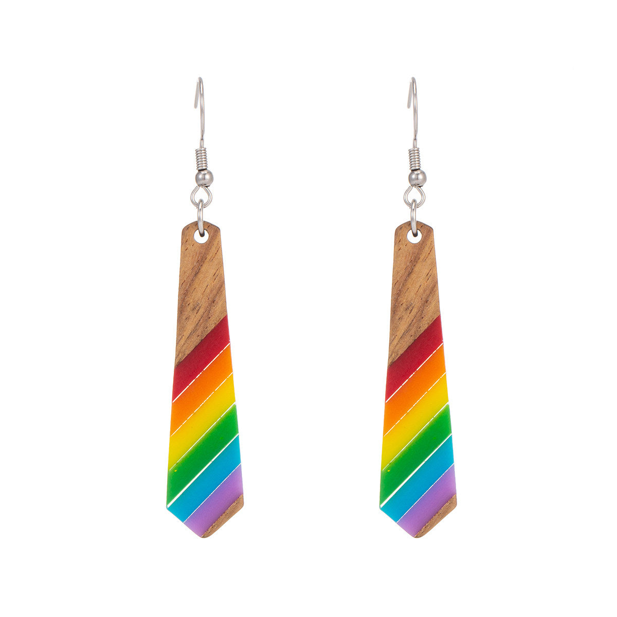 Multi-Colored Resin & Wood Silvertone Stripped Rhombus Hook Earrings - Street Region