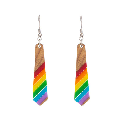 Multi-Colored Resin & Wood Silvertone Stripped Rhombus Hook Earrings - Street Region