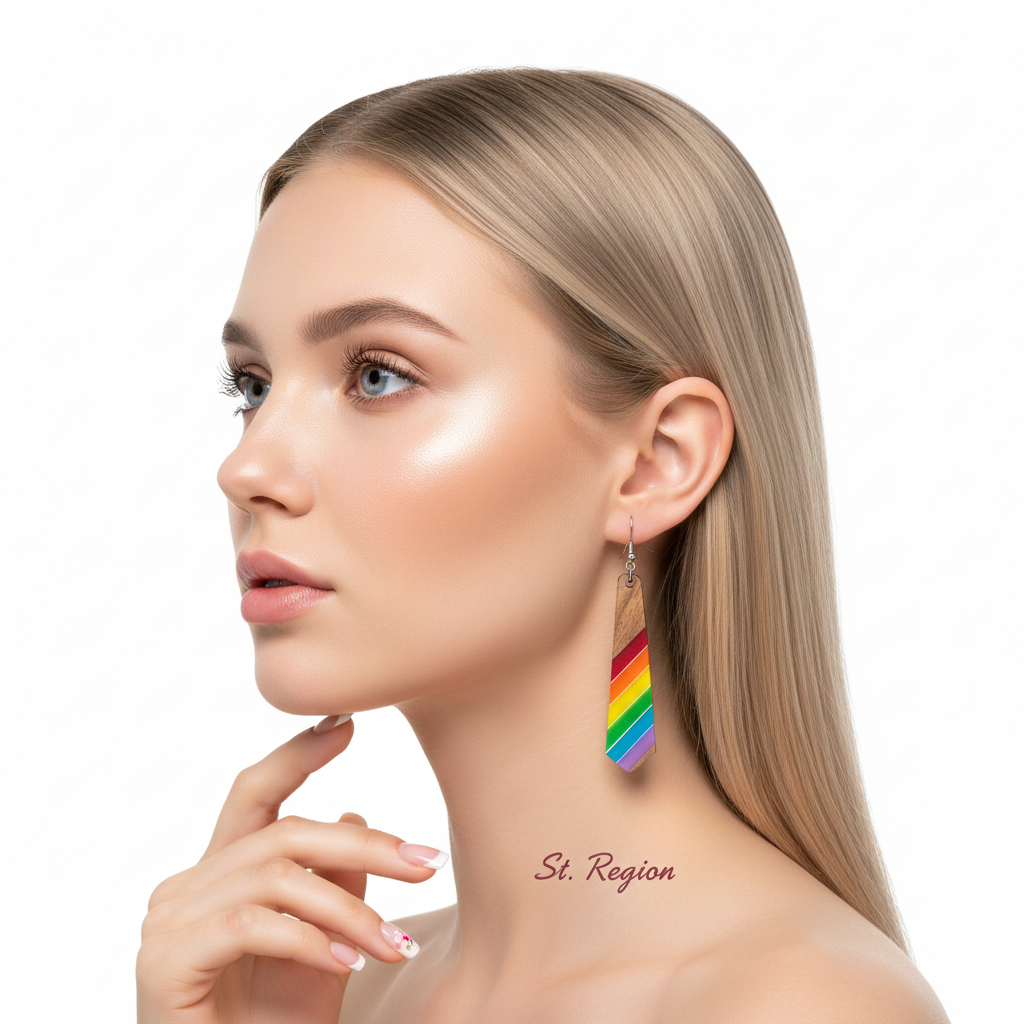 Multi-Colored Resin & Wood Silvertone Stripped Rhombus Hook Earrings - Street Region