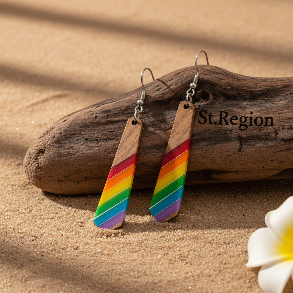 Multi-Colored Resin & Wood Silvertone Stripped Rhombus Hook Earrings - Street Region