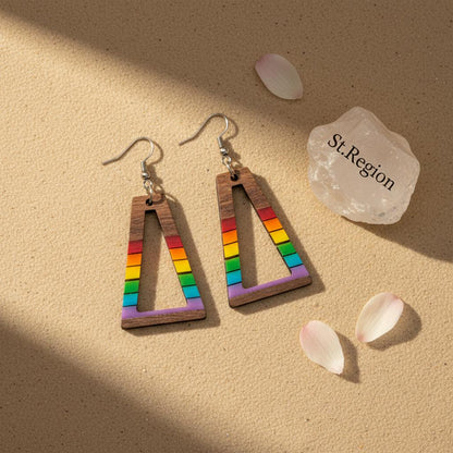 Multi-Colored Resin and Wood Silvertone Open Stripped Trapezoid Hook Earrings, silver drop earrings for women, detail clos...