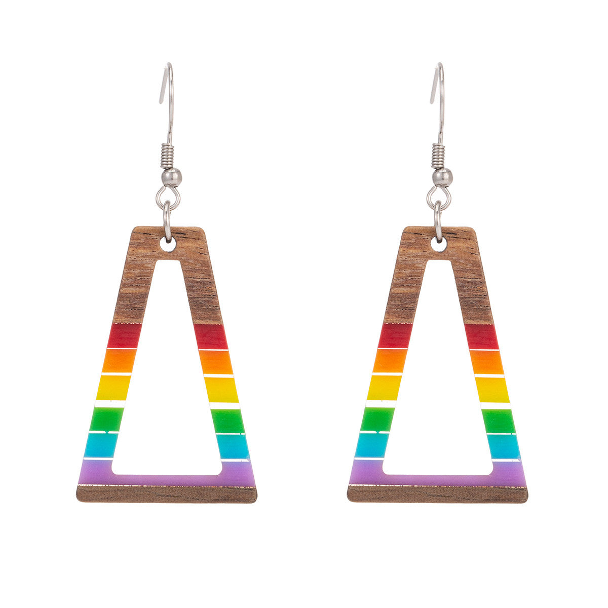 Multi-Colored Resin & Wood Silvertone Open Stripped Trapezoid Hook Earrings - Street Region