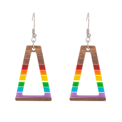 Multi-Colored Resin & Wood Silvertone Open Stripped Trapezoid Hook Earrings - Street Region