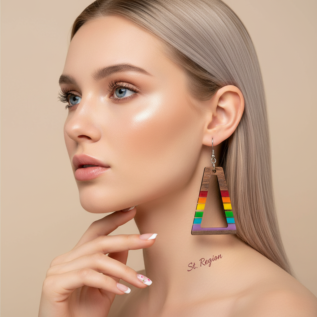 Multi-Colored Resin & Wood Silvertone Open Stripped Trapezoid Hook Earrings - Street Region