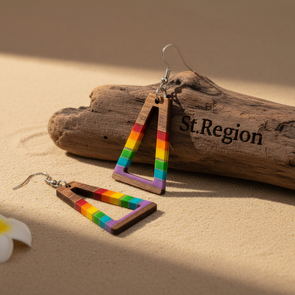 Multi-Colored Resin & Wood Silvertone Open Stripped Trapezoid Hook Earrings - Street Region