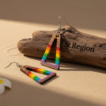 Multi-Colored Resin & Wood Silvertone Open Stripped Trapezoid Hook Earrings - Street Region
