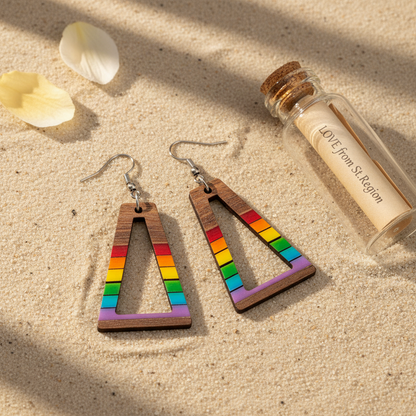 Multi-Colored Resin & Wood Silvertone Open Stripped Trapezoid Hook Earrings - Street Region