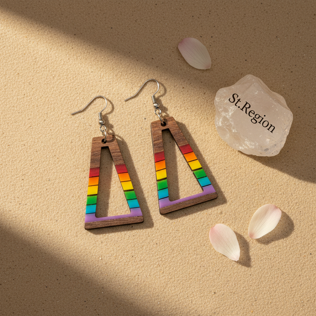 Multi-Colored Resin & Wood Silvertone Open Stripped Trapezoid Hook Earrings - Street Region