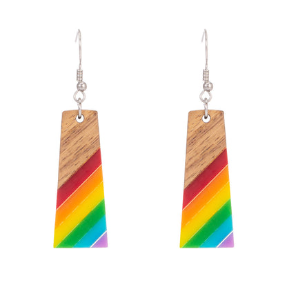 Multi-Colored Resin & Wood Silvertone Stripped Trapezoid Hook Earrings - Street Region