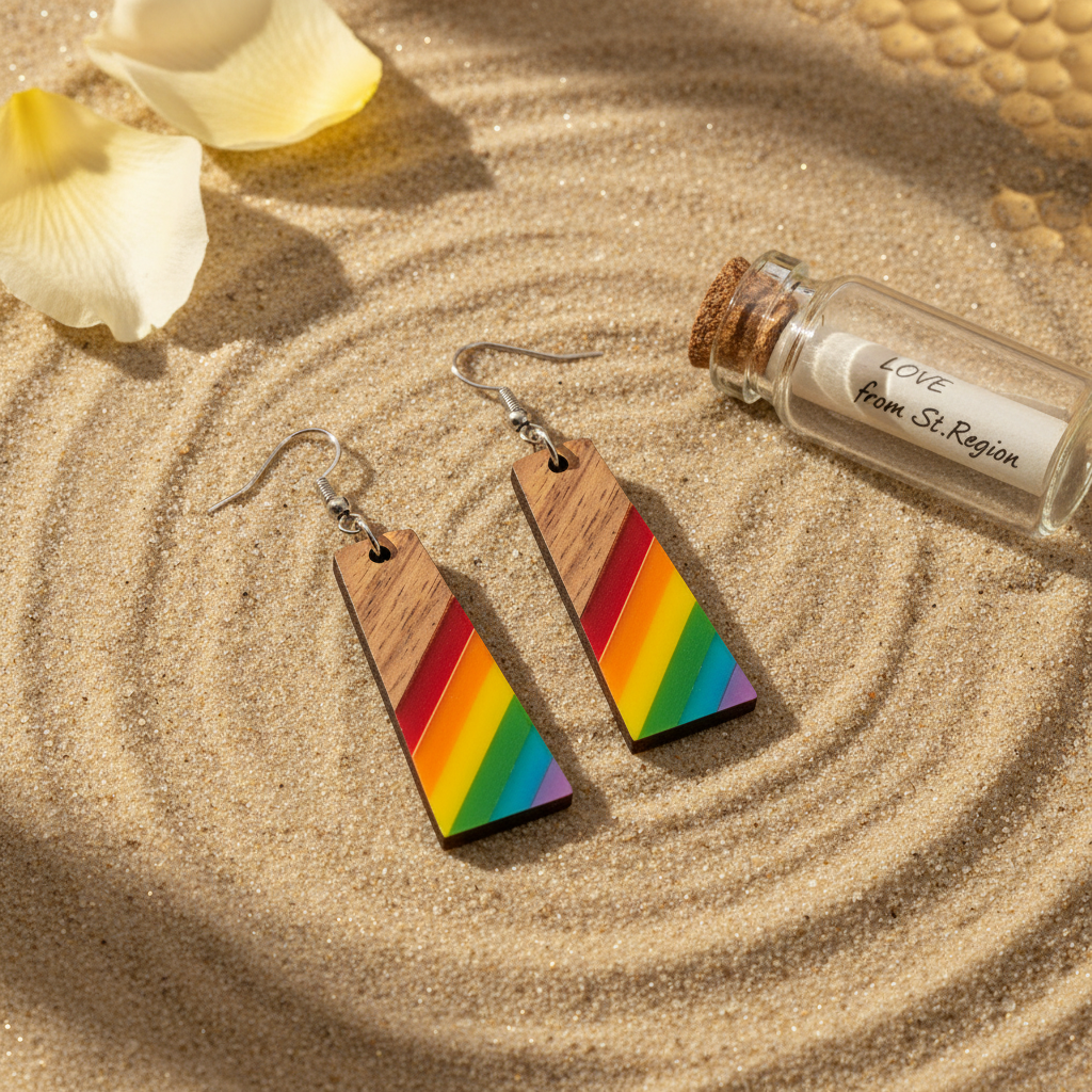 Multi-Colored Resin & Wood Silvertone Stripped Trapezoid Hook Earrings - Street Region