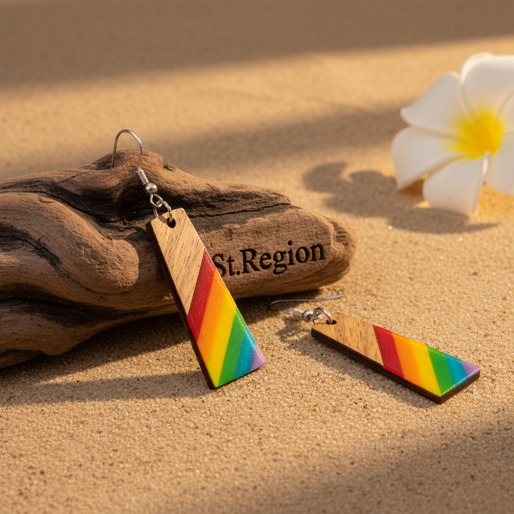 Multi-Colored Resin & Wood Silvertone Stripped Trapezoid Hook Earrings - Street Region