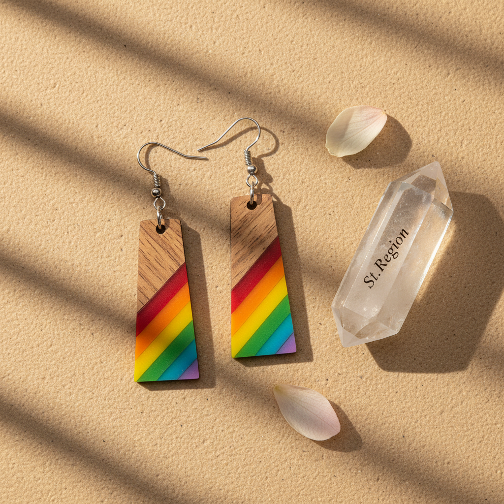 Multi-Colored Resin & Wood Silvertone Stripped Trapezoid Hook Earrings - Street Region