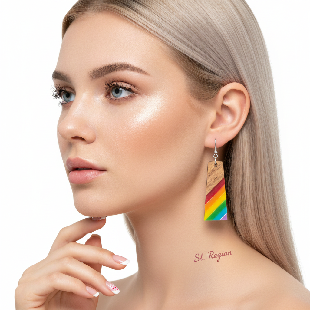 Multi-Colored Resin & Wood Silvertone Stripped Trapezoid Hook Earrings - Street Region