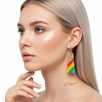 Multi-Colored Resin & Wood Silvertone Stripped Trapezoid Hook Earrings - Street Region