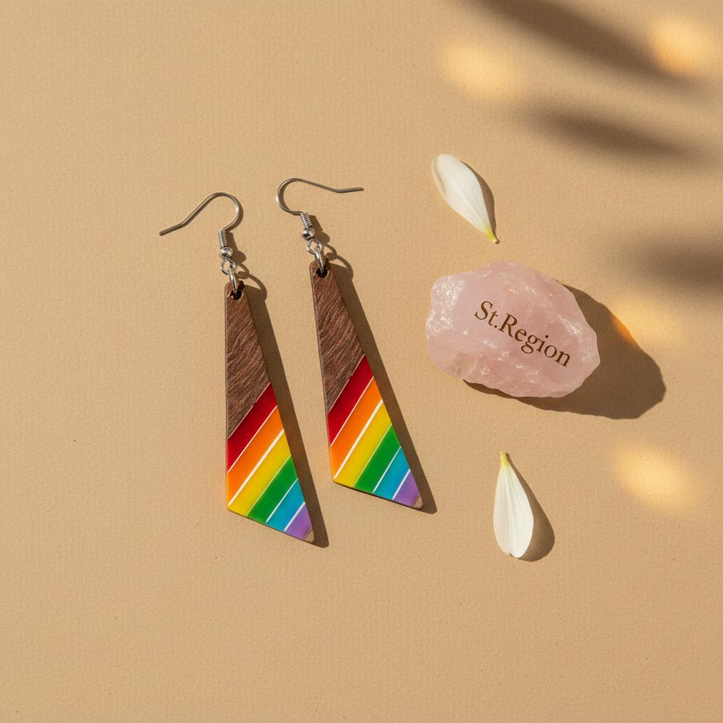 Rainbow Resin and Wood Silvertone Stripped Triangle Hook Earrings, silver drop earrings for women, detail close-up