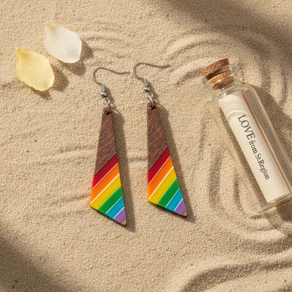 Rainbow Resin and Wood Silvertone Stripped Triangle Hook Earrings, silver drop earrings for women, lifestyle look