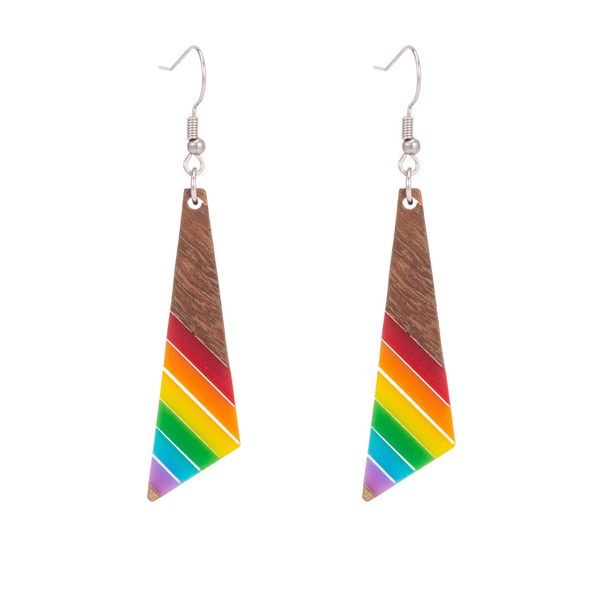 Rainbow Resin & Wood Silvertone Stripped Triangle Hook Earrings - Street Region
