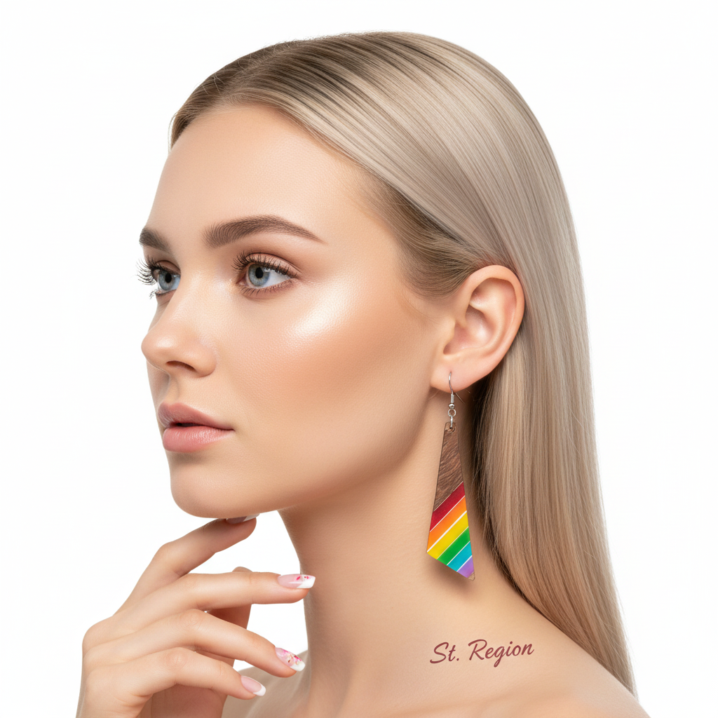 Rainbow Resin & Wood Silvertone Stripped Triangle Hook Earrings - Street Region
