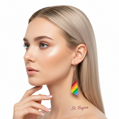 Rainbow Resin & Wood Silvertone Stripped Triangle Hook Earrings - Street Region