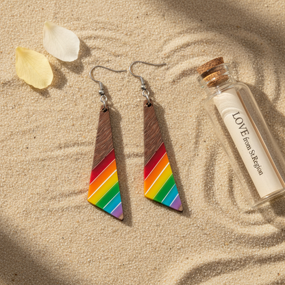Rainbow Resin & Wood Silvertone Stripped Triangle Hook Earrings - Street Region