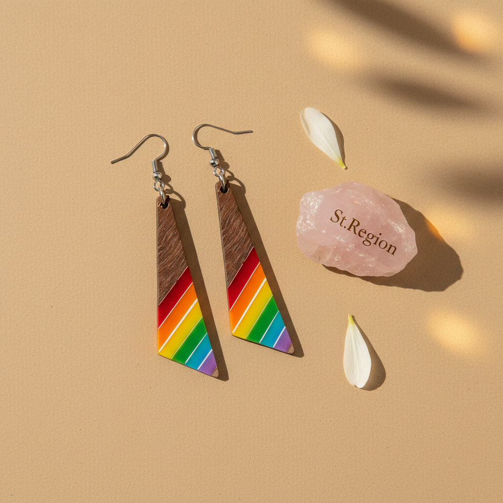 Rainbow Resin & Wood Silvertone Stripped Triangle Hook Earrings - Street Region