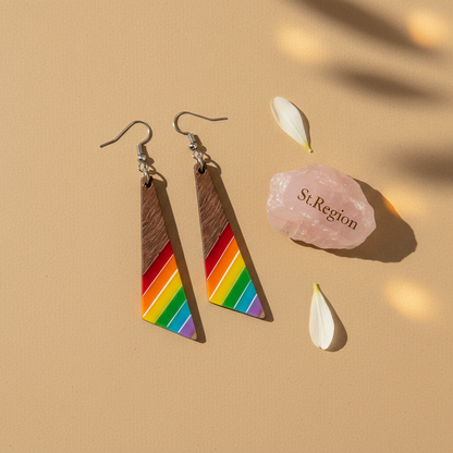 Rainbow Resin & Wood Silvertone Stripped Triangle Hook Earrings - Street Region