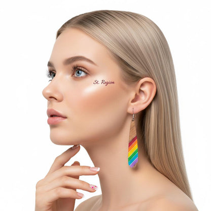 Rainbow Resin and Wood Silvertone Stripped Drop Hook Earrings, silver drop earrings for women, styled look