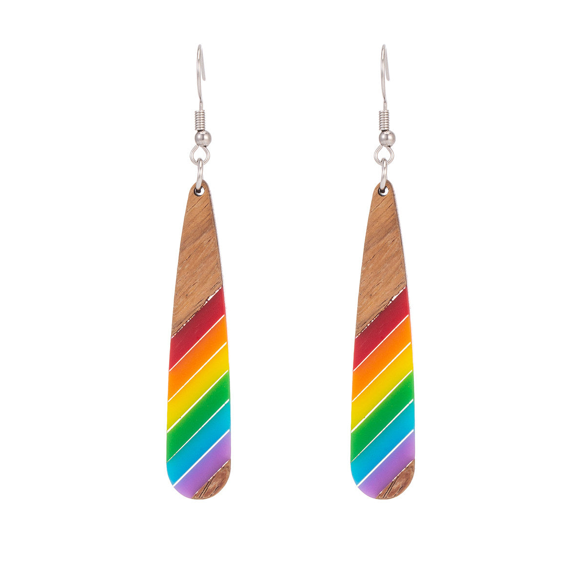 Rainbow Resin & Wood Silvertone Stripped Drop Hook Earrings - Street Region