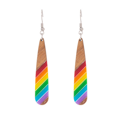 Rainbow Resin & Wood Silvertone Stripped Drop Hook Earrings - Street Region