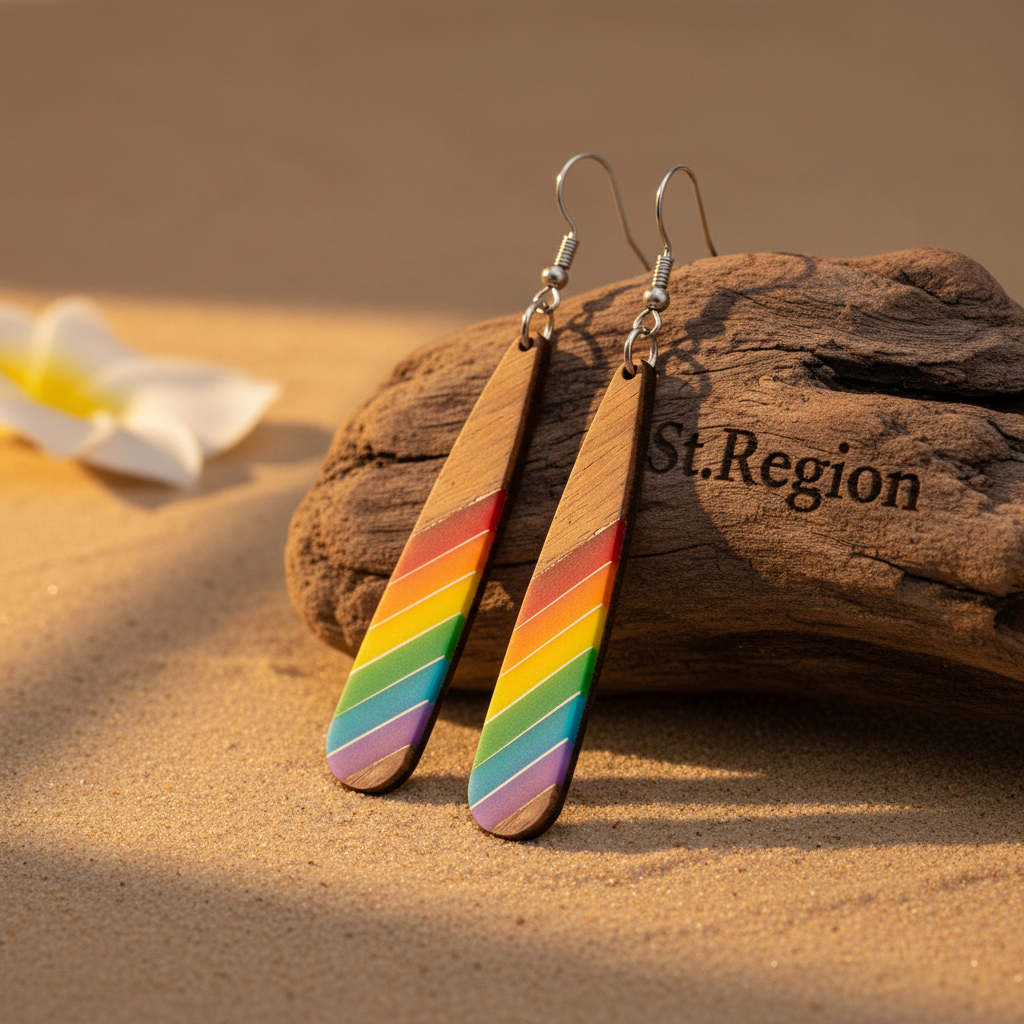 Rainbow Resin & Wood Silvertone Stripped Drop Hook Earrings - Street Region