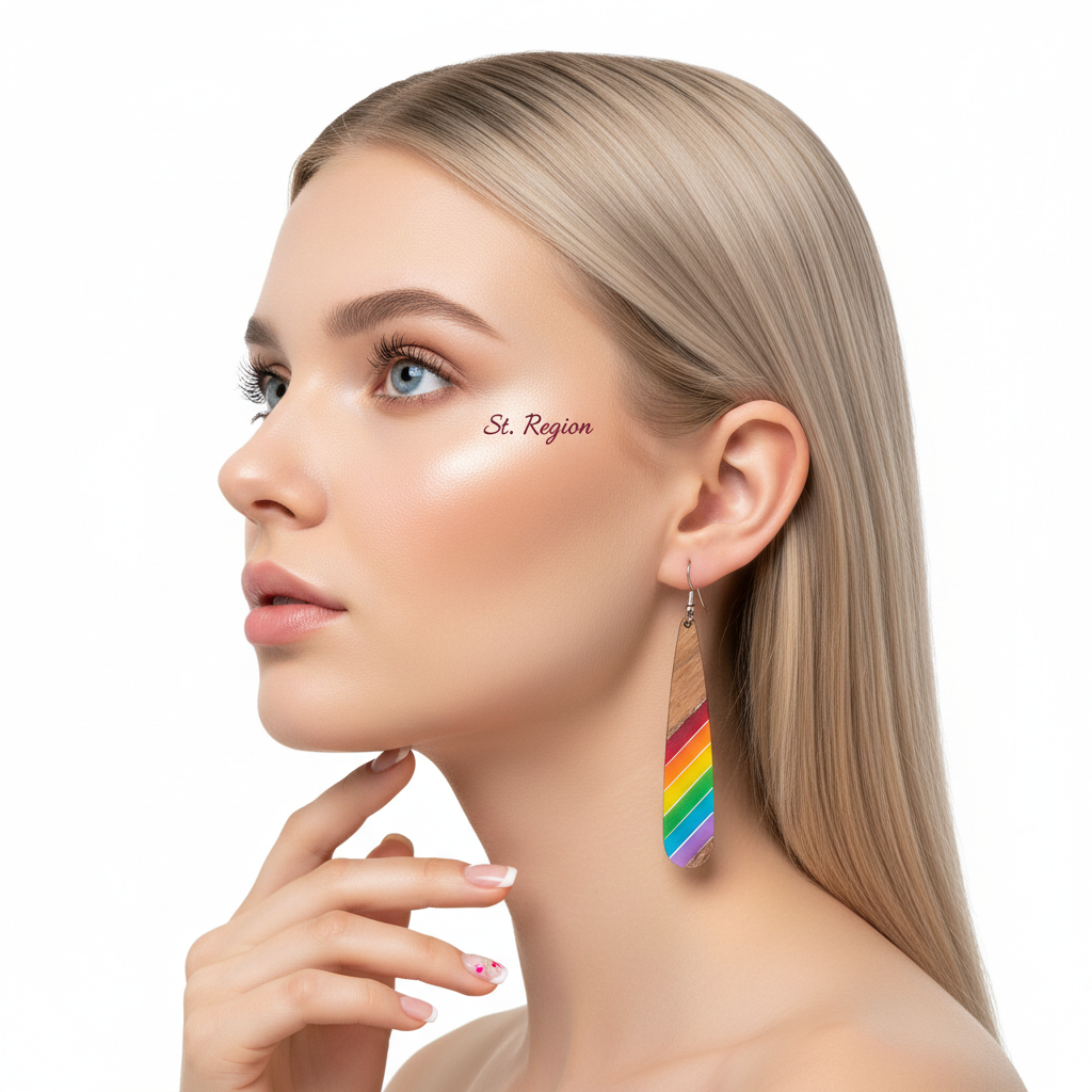 Rainbow Resin & Wood Silvertone Stripped Drop Hook Earrings - Street Region