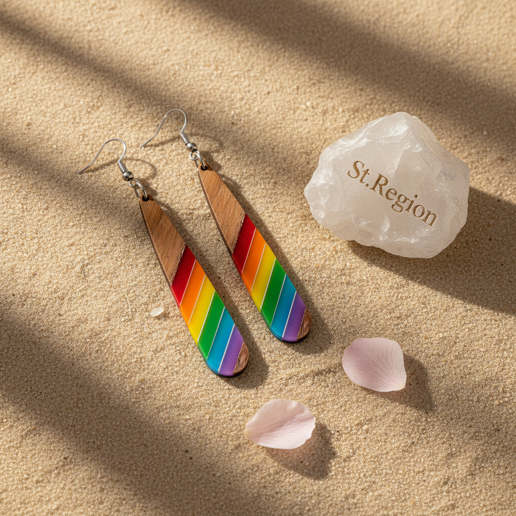 Rainbow Resin & Wood Silvertone Stripped Drop Hook Earrings - Street Region