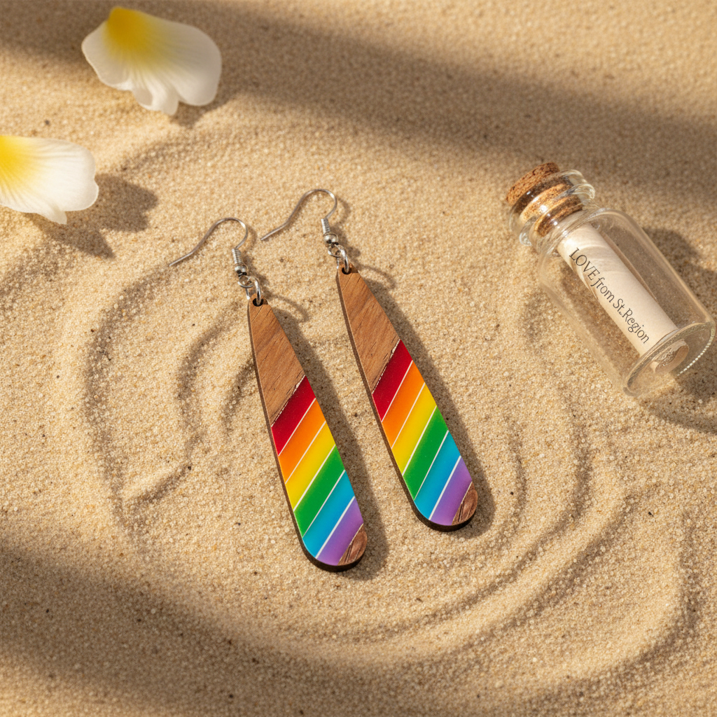 Rainbow Resin & Wood Silvertone Stripped Drop Hook Earrings - Street Region