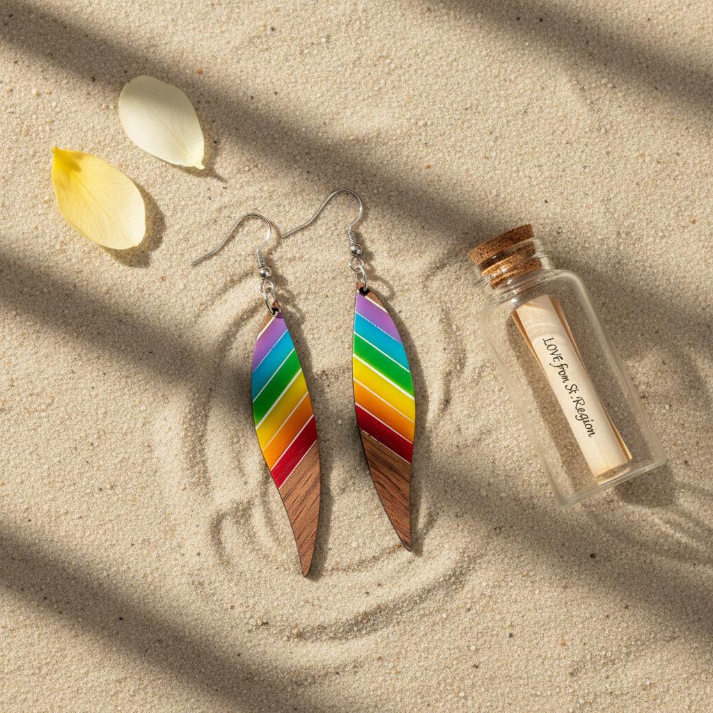 Rainbow Resin and Wood Silvertone Stripped Leaf Hook Earrings, silver drop earrings for women, lifestyle look