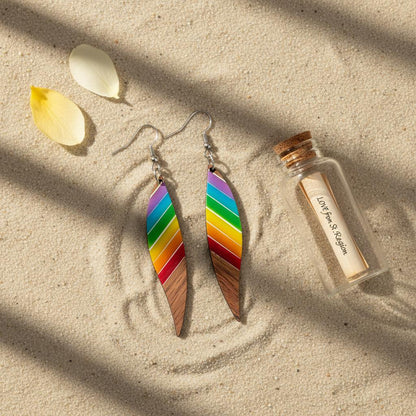 Rainbow Resin and Wood Silvertone Stripped Leaf Hook Earrings, silver drop earrings for women, lifestyle look