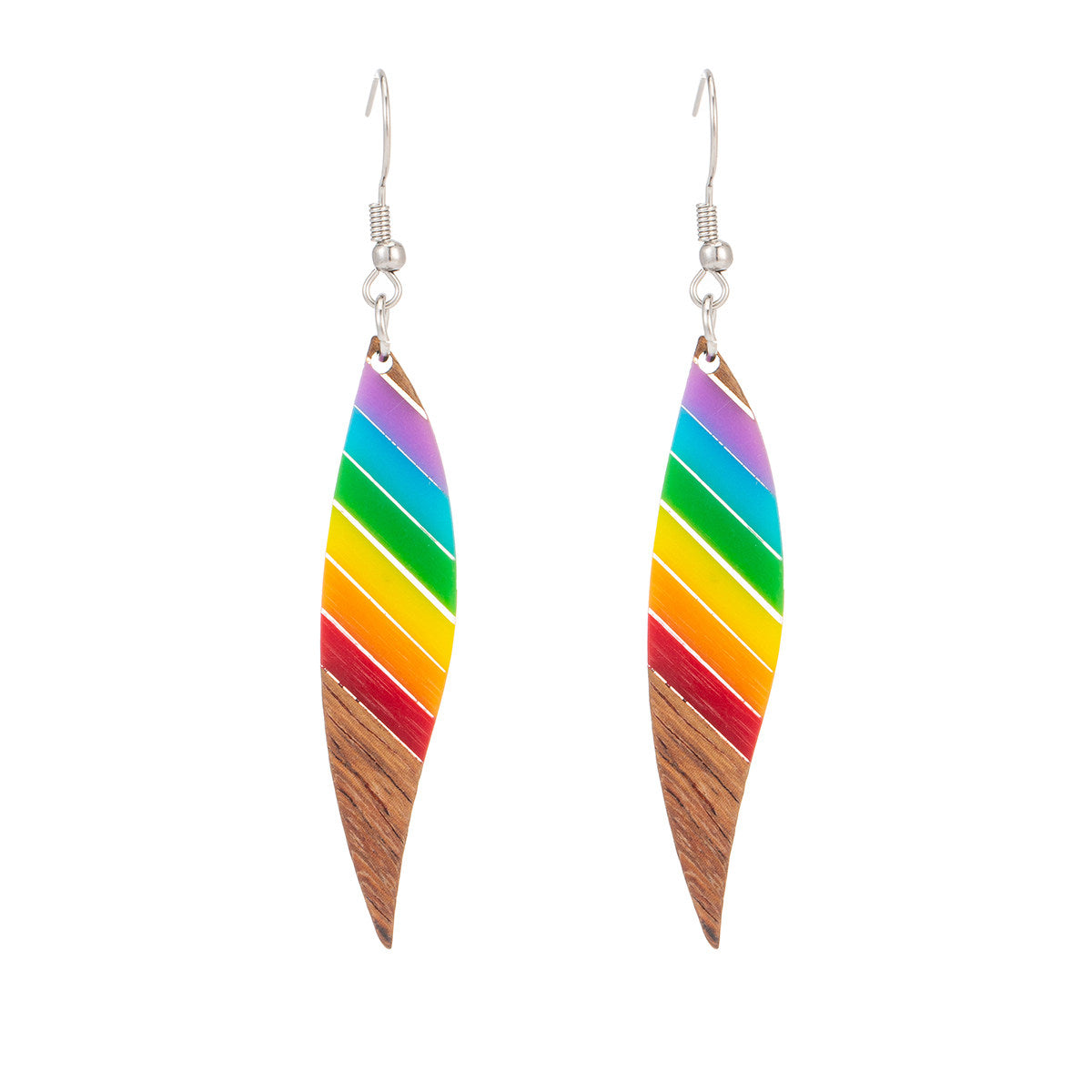 Rainbow Resin & Wood Silvertone Stripped Leaf Hook Earrings - Street Region