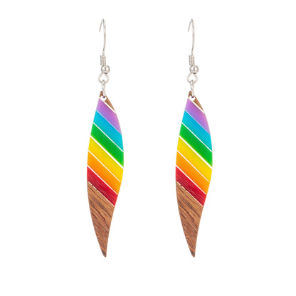 Rainbow Resin & Wood Silvertone Stripped Leaf Hook Earrings - Street Region