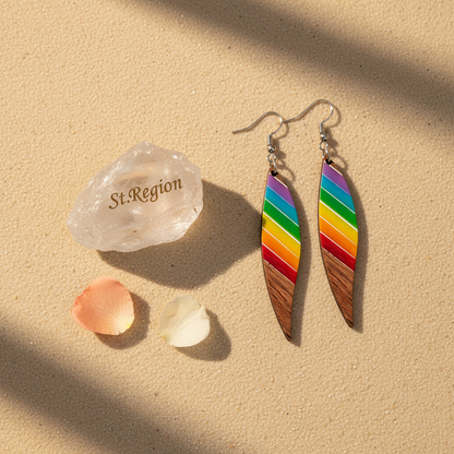 Rainbow Resin & Wood Silvertone Stripped Leaf Hook Earrings - Street Region