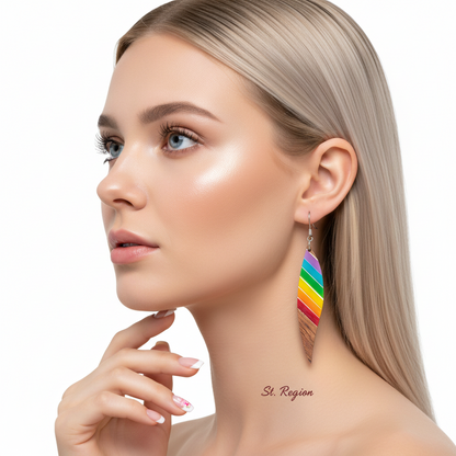 Rainbow Resin & Wood Silvertone Stripped Leaf Hook Earrings - Street Region
