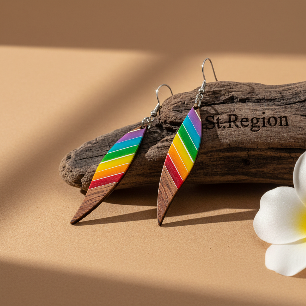 Rainbow Resin & Wood Silvertone Stripped Leaf Hook Earrings - Street Region