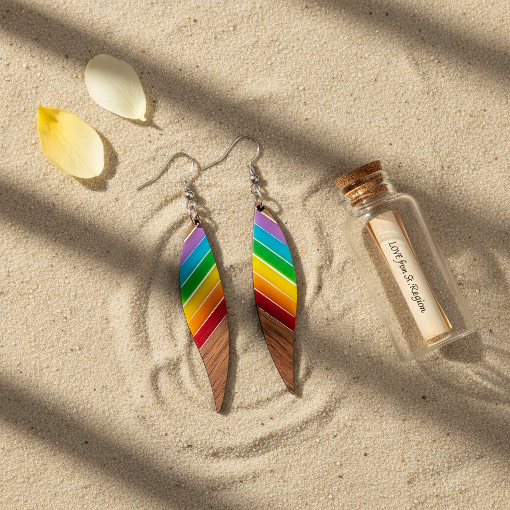 Rainbow Resin & Wood Silvertone Stripped Leaf Hook Earrings - Street Region